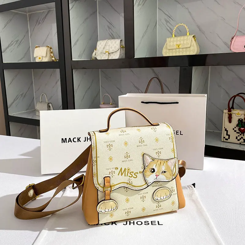 Balo nữ thiết kế thời trang cổ điển in hình mèo dễ thương sức chứa lớn da cao cấp 1
