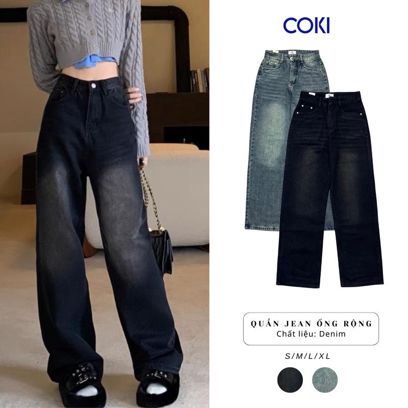 COKI - Quần jean Nữ ống suông rộng màu đen xám lưng Cao Pants Women Ong