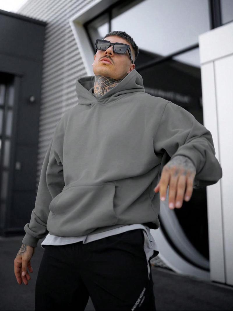 Product Introduction of Men's Solid Drop Shoulder Thermal Lined Hoodie, Casual Regular Fit Long Sleeve Pocket Hooded Sweatshirt for Fall & Winter, Men's Clothes for Daily Wear 2