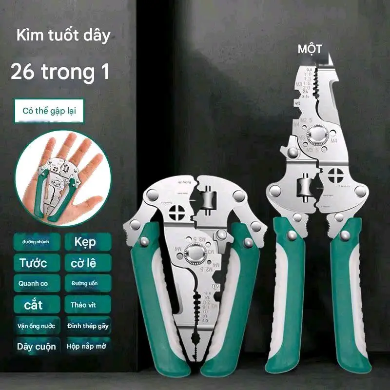 Kìm GẤP GỌN 12 chức năng trong 1 bằng thép carbon, Dụng cụ tuốt dây điện đa chức năng Dụng cụ thợ điện