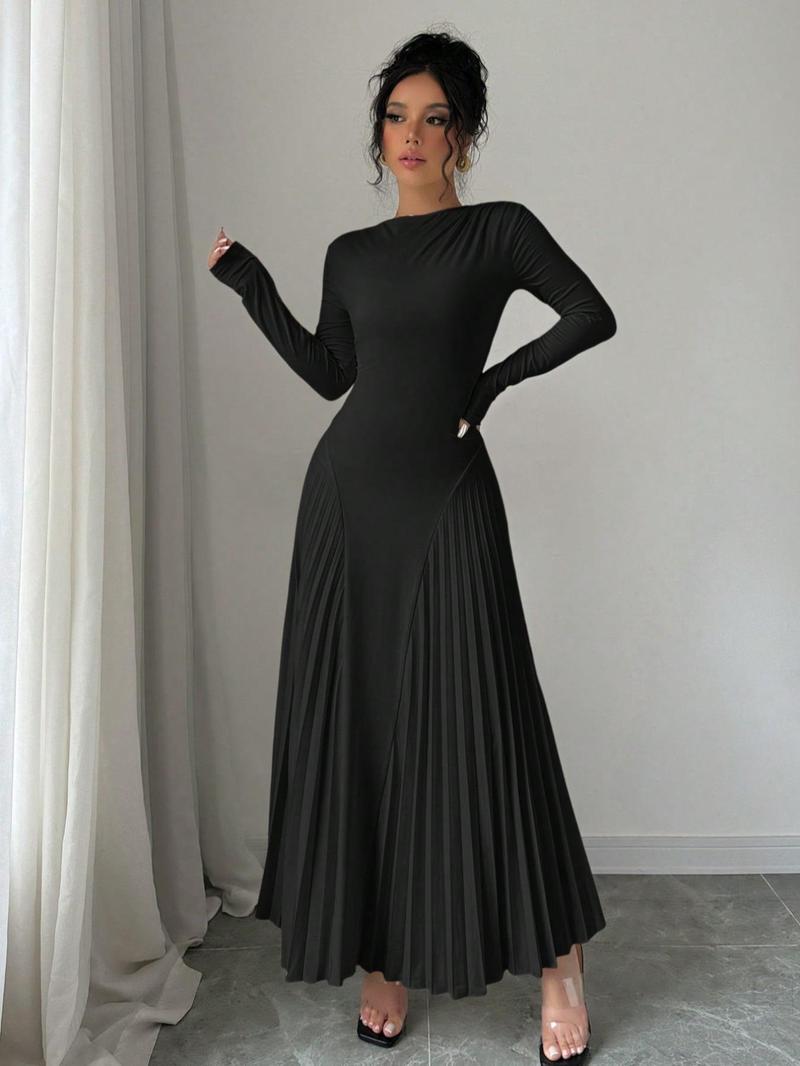 Product Introduction of Women's Solid Color Pleated Tight-fitting Dress, Elegant Long Sleeve Round Neck Dress for Party Holiday Wedding Guest, Ladies Spring & Fall Clothes 1