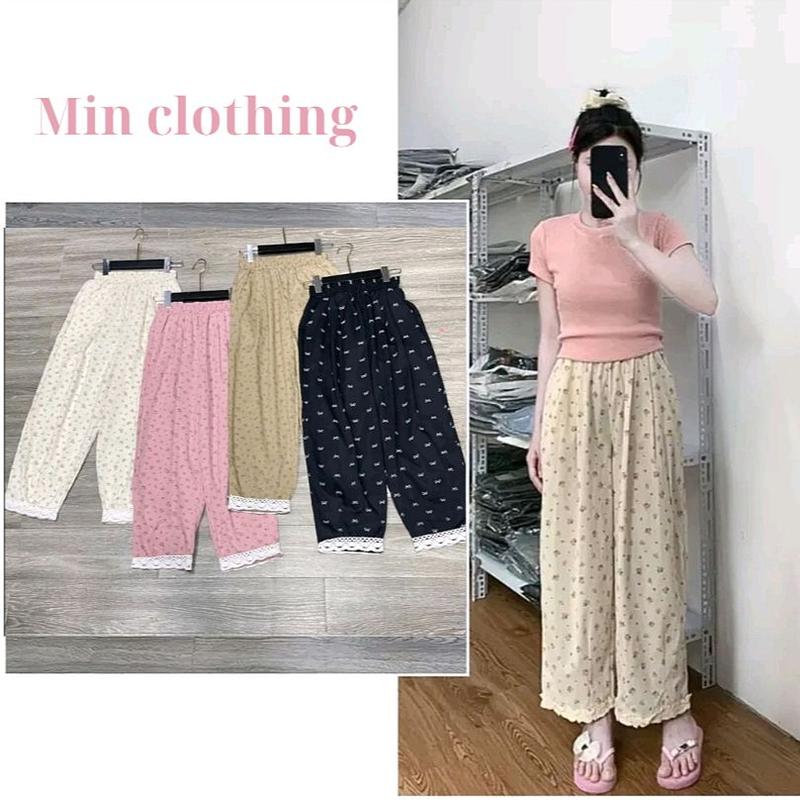 Quần Baggy Nữ from Thụng Hoa Nhí Gấu Pha Ren, Chất Thô Mềm Mát Menswear Pants