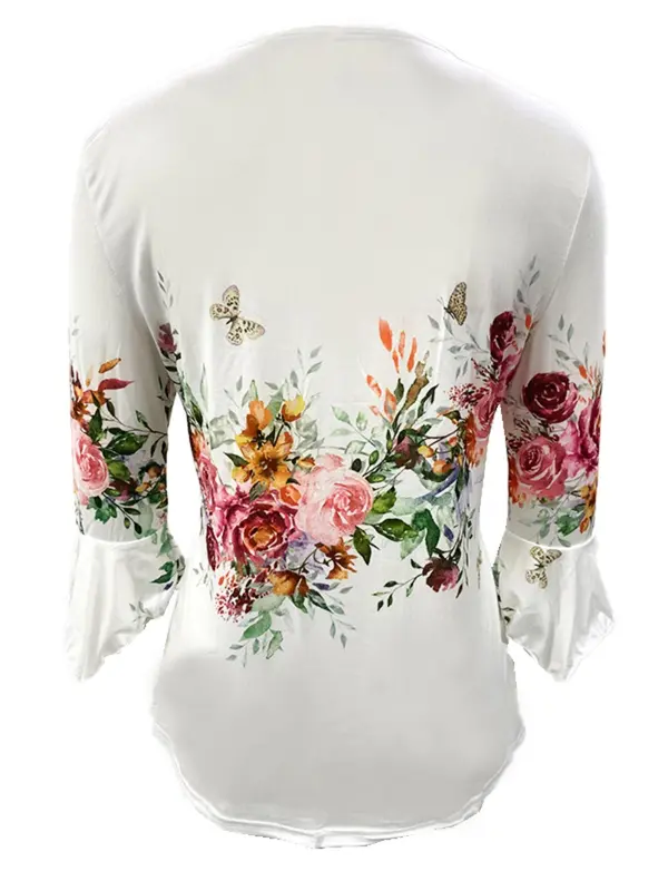 Women's Floral Print Button Front Peplum Tee, Elegant Flounce Sleeve Round Neck Top for Spring & Summer, Women's Clothing for Daily Wear, Summer Clothes for Lady, Womenswear for Summer 1