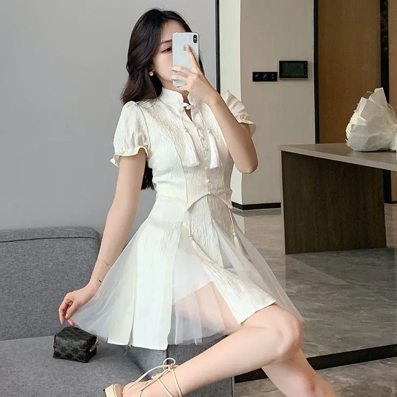 NV568 Váy tết 2024 sườn xám cách tân Váy nữ xinh dáng chữ a vải gấm hoa phối voan Women Dress Kem 0