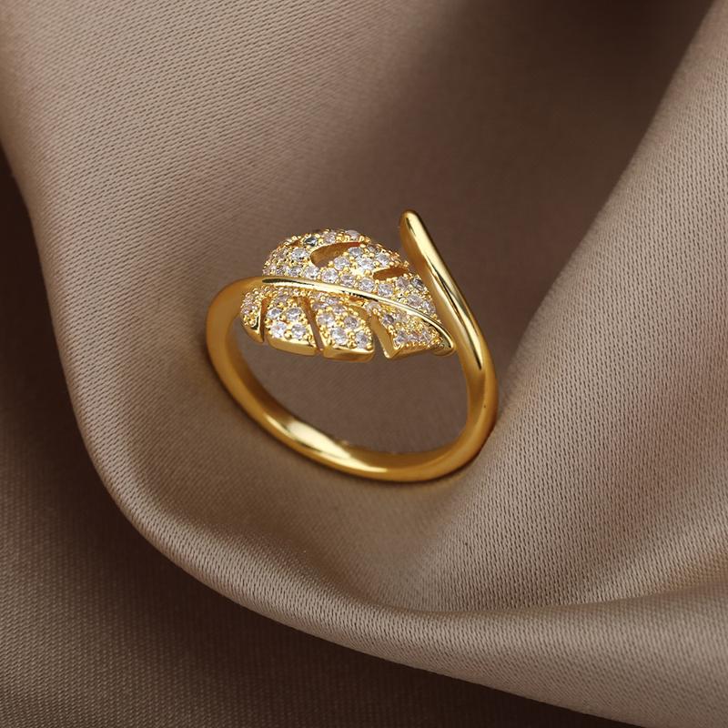 Product Introduction of Fashion Palm Leaf Shape Rings For Women Stainless Steel Gold Color Zircon Adjustable Finger Ring Party Jewelry Gift Bijoux Femme 5