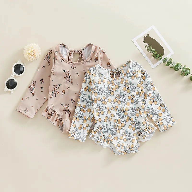 Đồ Bơi Mùa Hè Cho Bé Gái, In Hoa, Áo Jumpsuit Quần Dài Tay Áo Có Bèo Nhún Thích Hợp Cho Đồ Bơi, Đồ Đi Biển, Đồ Tắm 0
