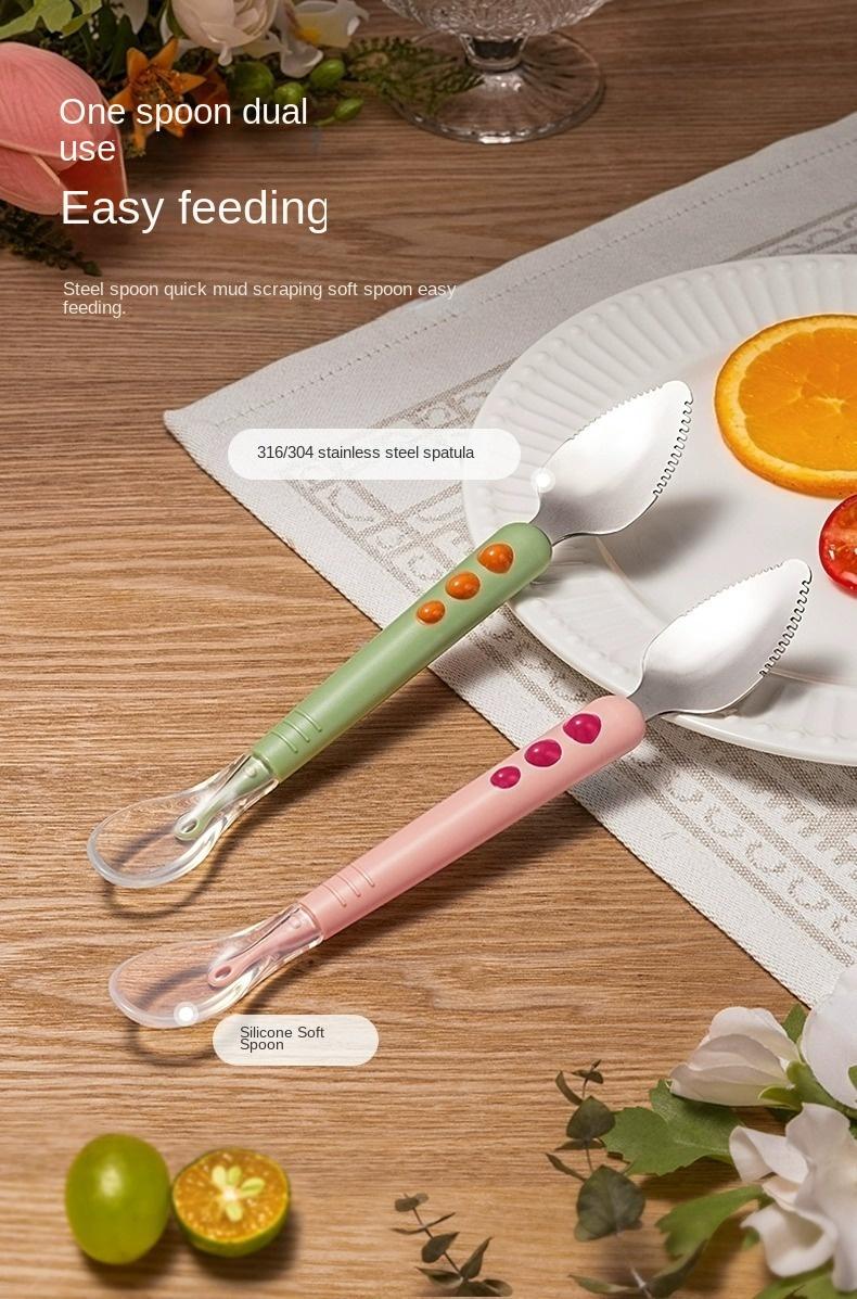 Product Introduction of Double-Headed Mud Scraper Spoon Baby Food Supplement Baby 316 Stainless Steel Fruit Puree Spoon Silicone Spoon Feeding Mud Scraper Spoon 6