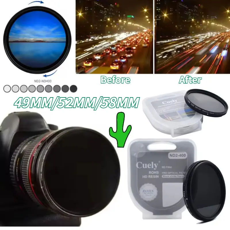 49/52/58MM Cuely ND Fader ND2-400 Variable Neutral Density Filter for Canon Nikon Sony Camera Lens
