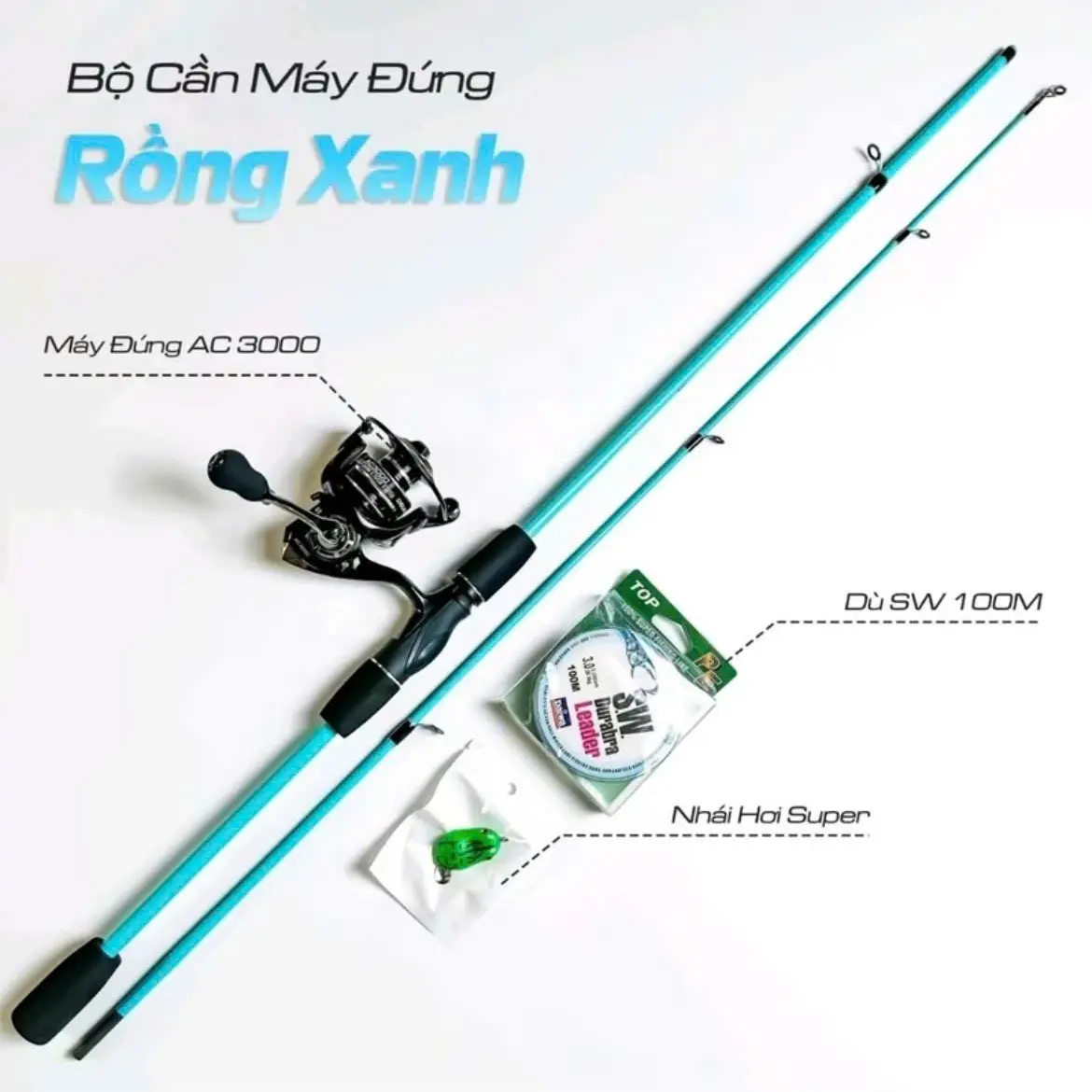 Combo Cần Câu Lure Rồng Xanh Kèm Máy Đứng AC 2000 và Phụ Kiện