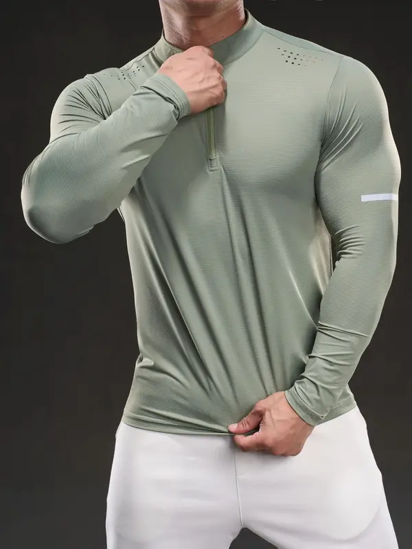 Men's Half Zip Up Stand Collar Sports Tee, High Stretch Tight-fitting Casual Comfy Breathable Long Sleeve T-shirt for Gym Workout Running, Men's High Stretch Sportswear for All Seasons, Athletic Fitted Breathable Mens Clothing 3