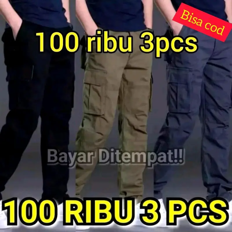 (BISA COD) 100RIBU DAPAT 3 PCS CELANA PANJANG  CARGO PRIA DEWASA/ KARGO COWOK REMAJA PINGGANG KARET Distro  Abu Hitam Mocca Keren Katun Army