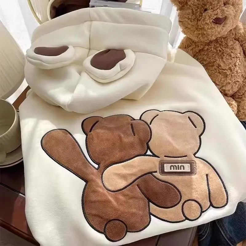 Áo Hoodie Mỏng Tai Thỏ Dễ Thương Thêu Hình Gấu Áo Khoác Nữ Dáng Rộng Và thường ngày Ngoại Cỡ Mùa Xuân Và Mùa Thu