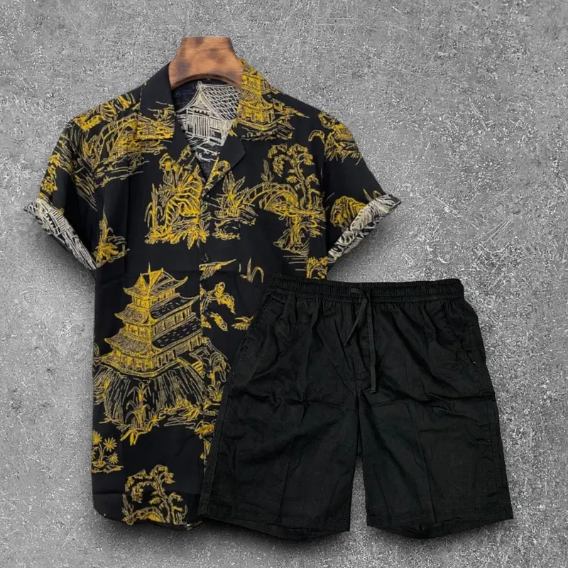 Setelan Baju Kemeja Vintage Dan Boardshort atasan celana Hitam Katun Pendek  Pria  Motif  Keren  Casual  Oversize Panjang Santai Polos 1