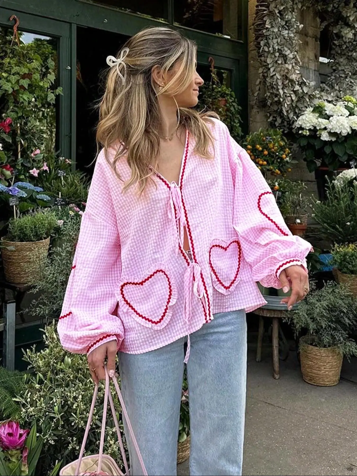 Women's Contrast Binding Tie Front Blouse, Casual Elegant Long Sleeve Top for Daily Wear, Ladies Clothes for All Seasons
