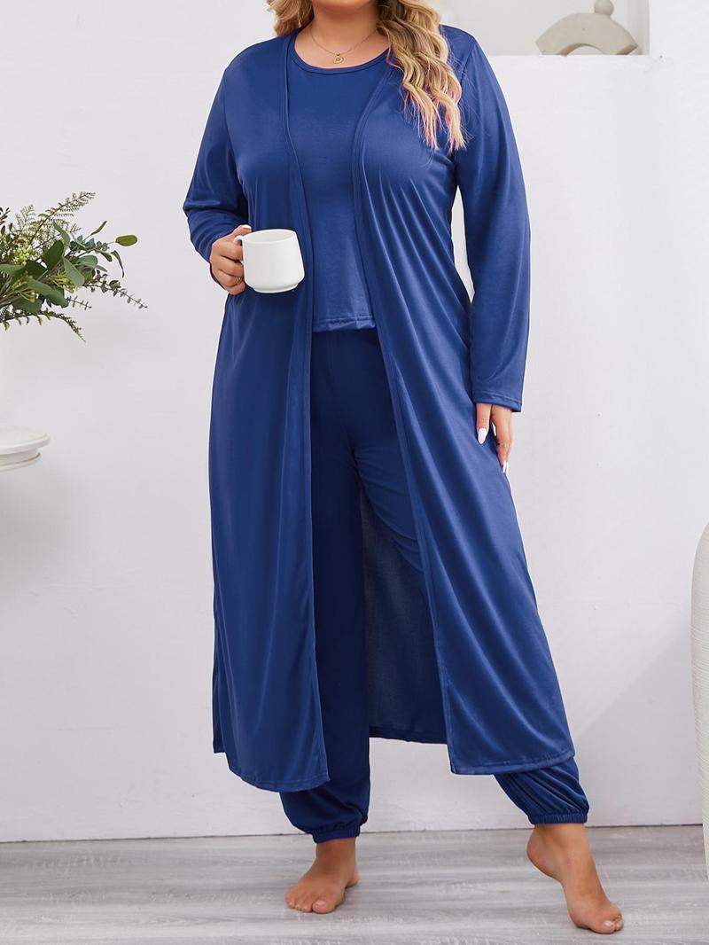 Product Introduction of 【Plus Size】 Three-Piece Set Solid Long Sleeve Open Front Lounge Robe & Elastic Waist Pants & Tank Top Set, Casual Comfy Pyjama Set for Women, Women's Sleepwear for Spring & Fall 4