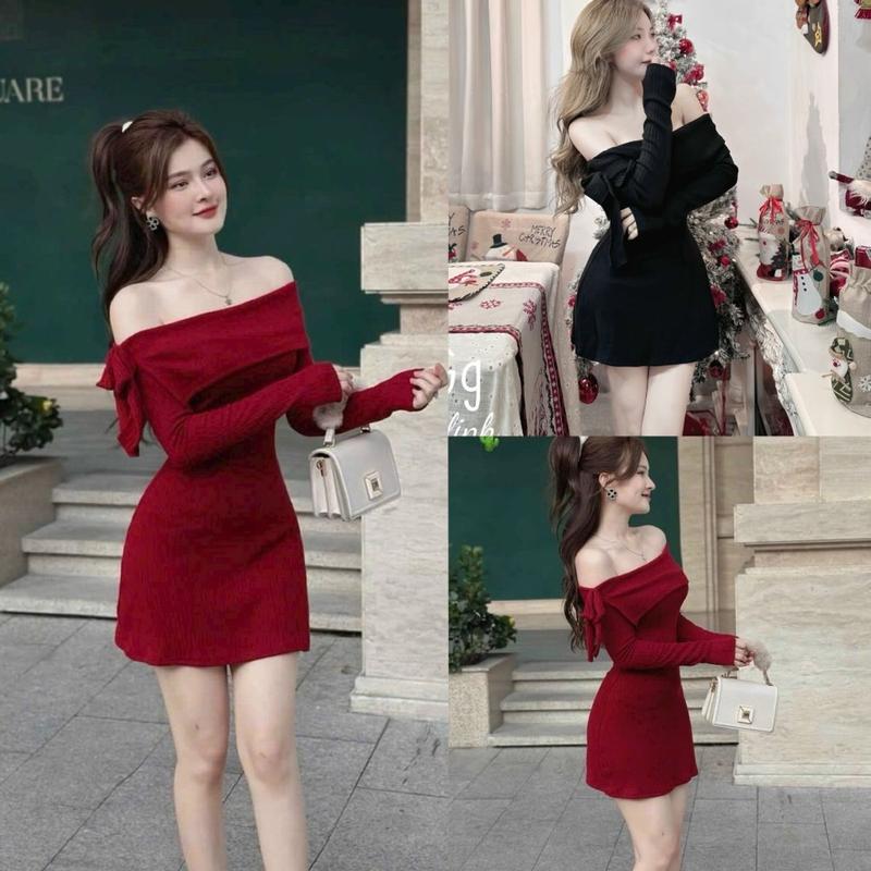 KÈM QUẦN BẢO HỘ Dưới 53kg Đầm body nữ TRỄ VAI tay dài thắt nơ dáng ngắn xòe sang chảnh siêu tôn dáng chất len tăm dày dặn