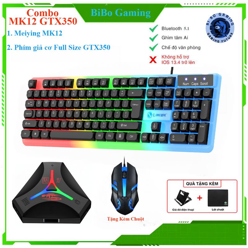 Combo Meiying MK12 - Bộ Chuyển Đổi PK PCM Bluetooth 5.1 Ghìm Tâm AI Và Bàn Phím GTX350 Kèm Chuột Hỗ Trợ Chơi Game Mobile PUBG Liên Quân MineCraft Roblox