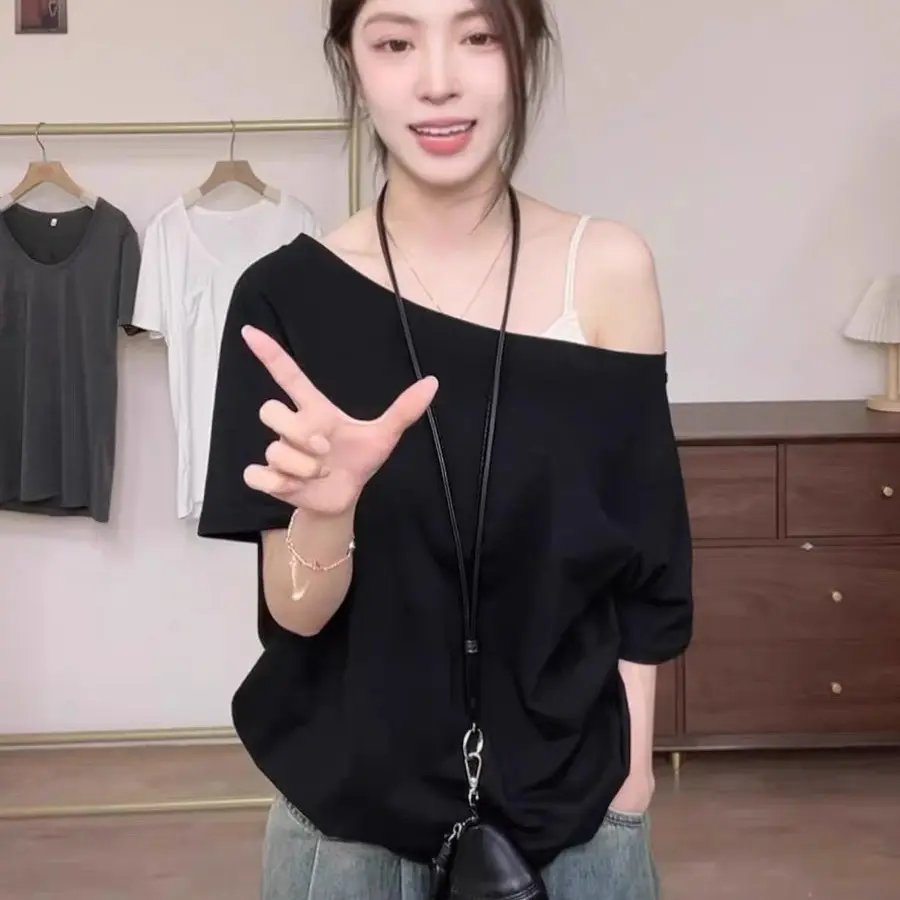 (A10)Áo thun form rộng trễ vai cotton co giãn thoải mái