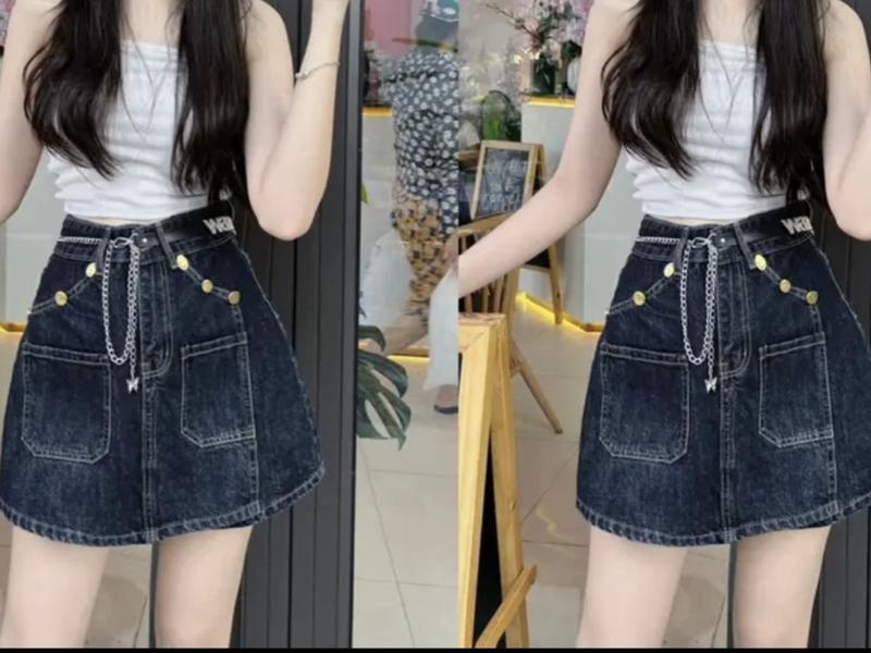 Quần Short Jean Nữ Giả Váy Cao Cấp Lưng Cao Phong Cách Hàn Quốc Không Kèm Dây Đai. Quần Giả Váy Jean Cạp Cao Cá Tín Khuy Chân Váy Có Ảnh Thật Kem Voan Women