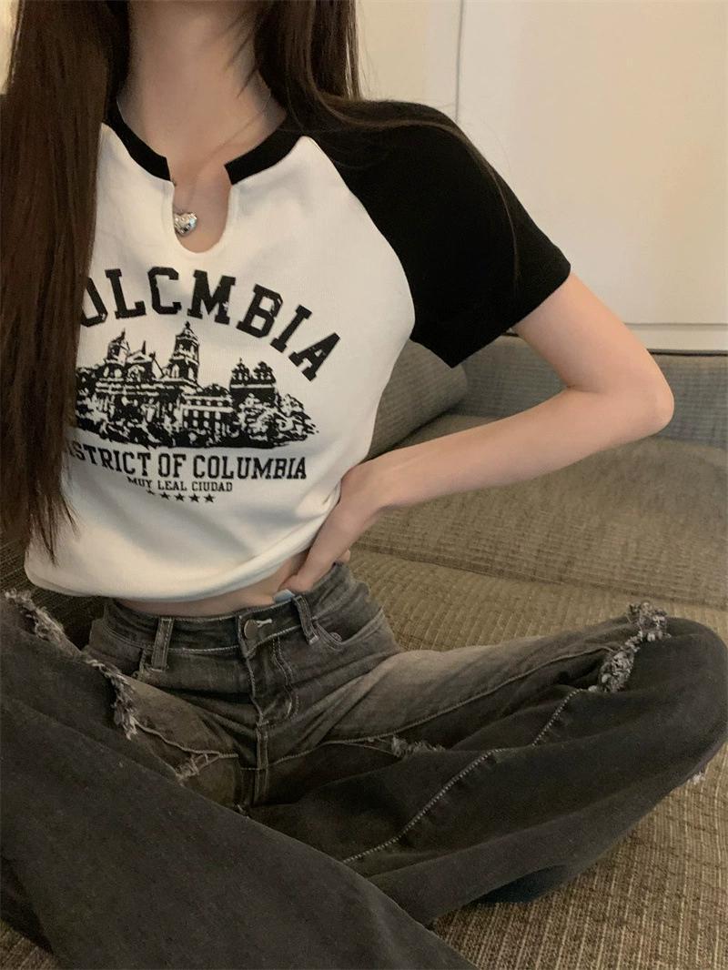 Product Introduction of Trendy V-Neck Short Sleeve T-Shirt for Women Spring Summer 25 Styles Sweet and Spicy American Retro Design Short Student Top Fashion 21