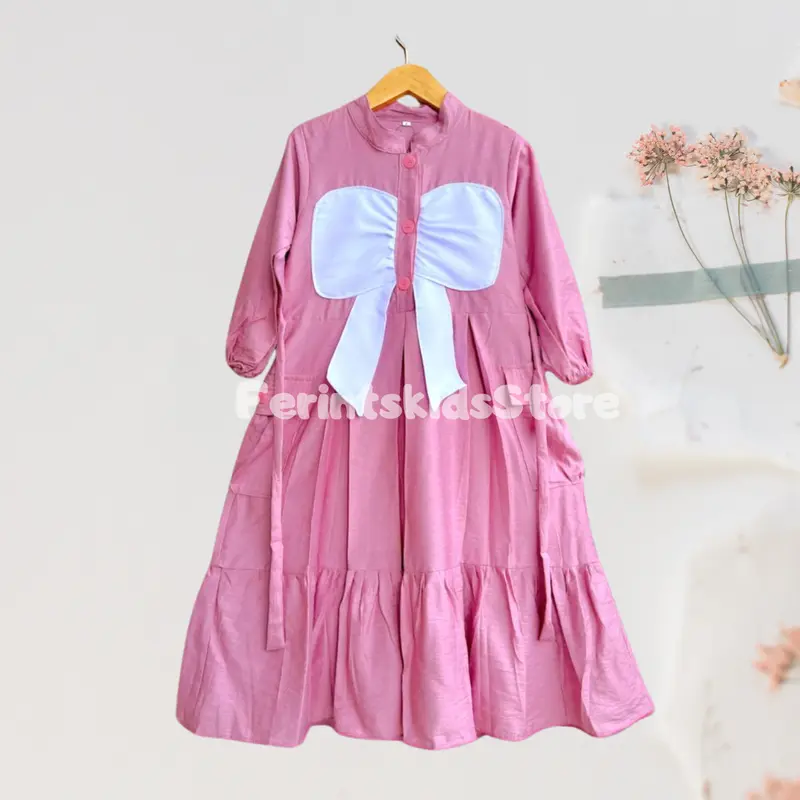 Gamis Cargo Lafana Buffy Muslim Anak Perempuan Motif Pita kupu kupu Usia 3-12 Tahun Lembut Linen Nyaman gamis Katun Remaja 4