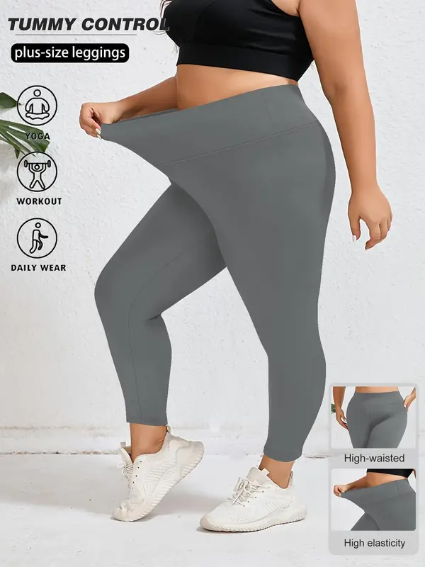 【Plus Size】 Solid High Waist Leggings, Casual Comfy Breathable Skinny Pants for Daily Wear, Women's Bottoms for All Seasons 7
