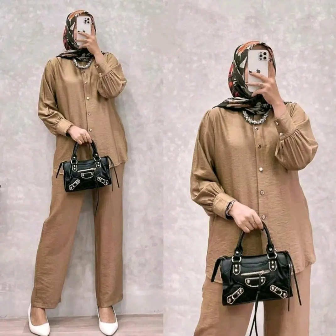 Setelan Wanita Polo Linen Inara One Set Atasan Celana Panjang Kulot Variasi Kancing Dewasa Remaja