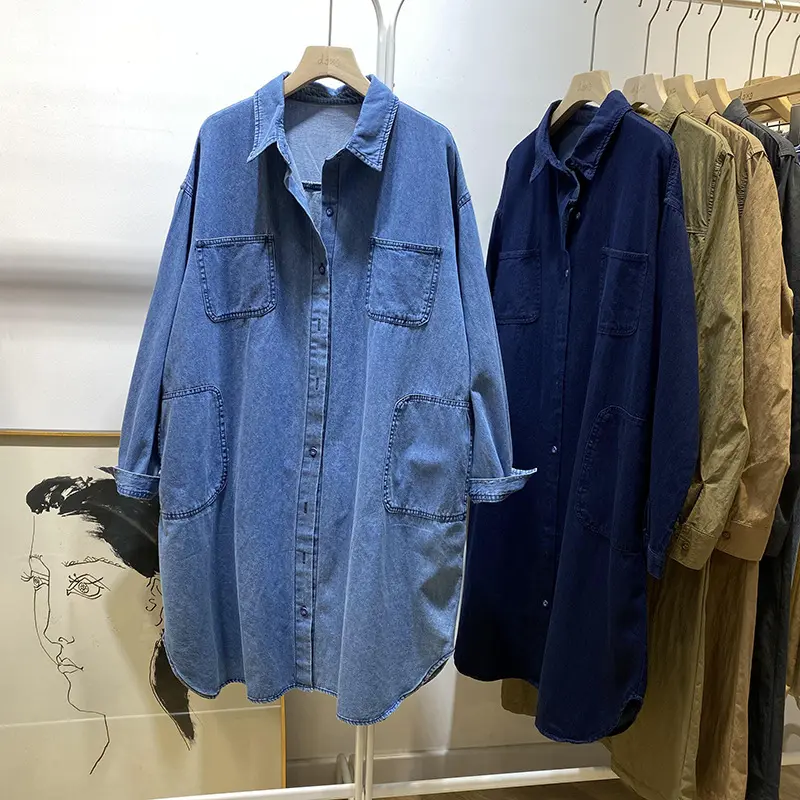 Kemeja denim kapas untuk wanita, fesyen musim luruh, poket berganda besar, panjang sederhana, Warna pepejal, kardigan, TopPolo, baju peluh, kardigan, baju sejuk, baju lengan panjang