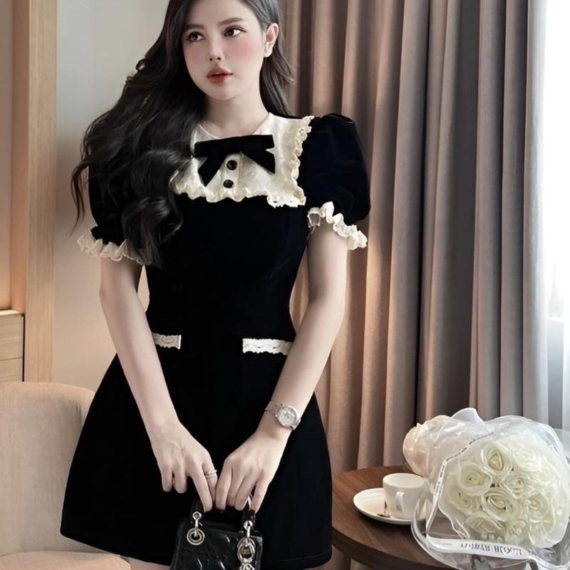 Đầm nhung phối ren nơ tiểu thư tay bồng dễ thương KÈM QUẦN kho sỉ hải chuyền V22