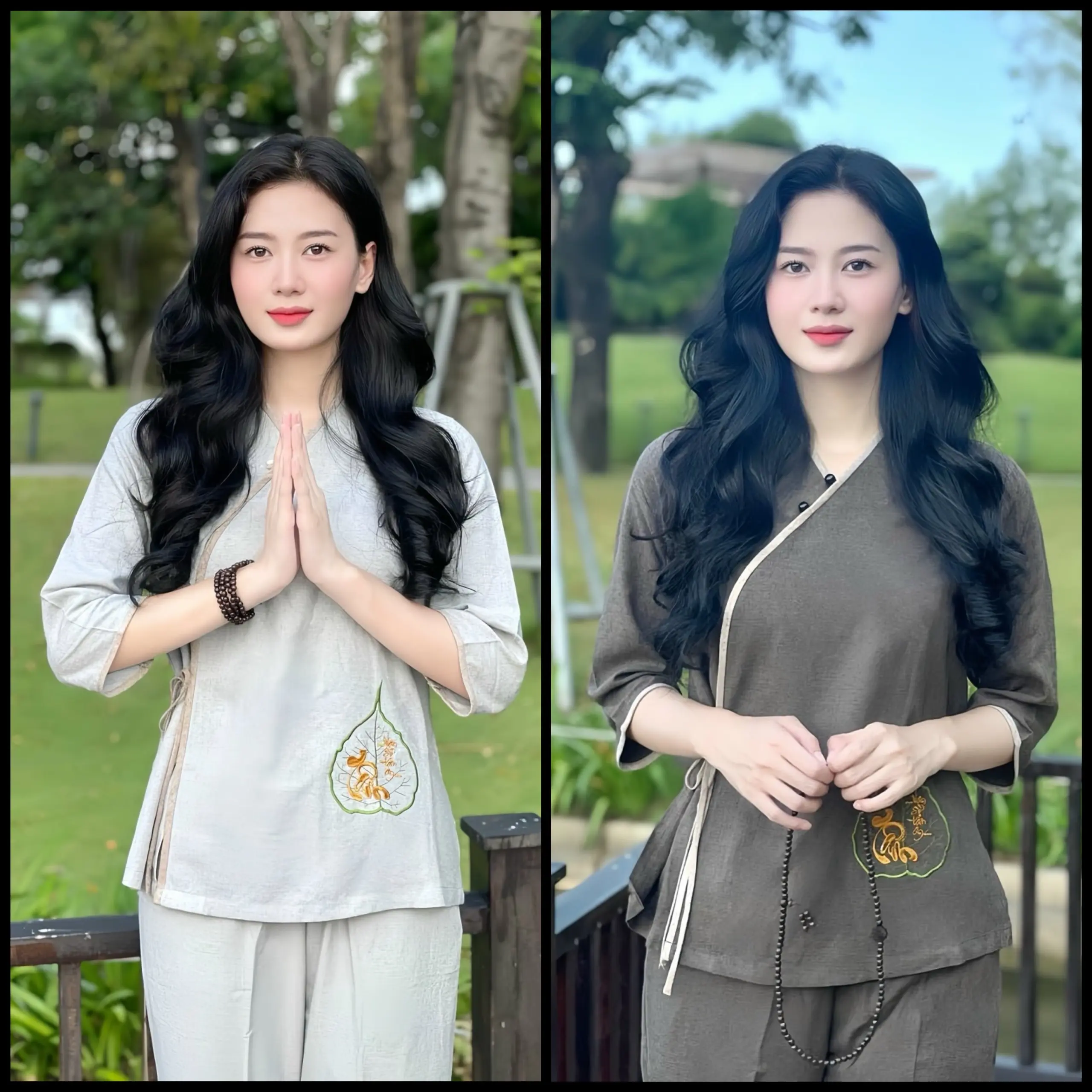 Đồ Lam Đi Chùa - Sét Chéo Nơ Tay Lửng Vải Đũi Vân Mây - Quần Ống Suông Lưng Thun - Mã N41
