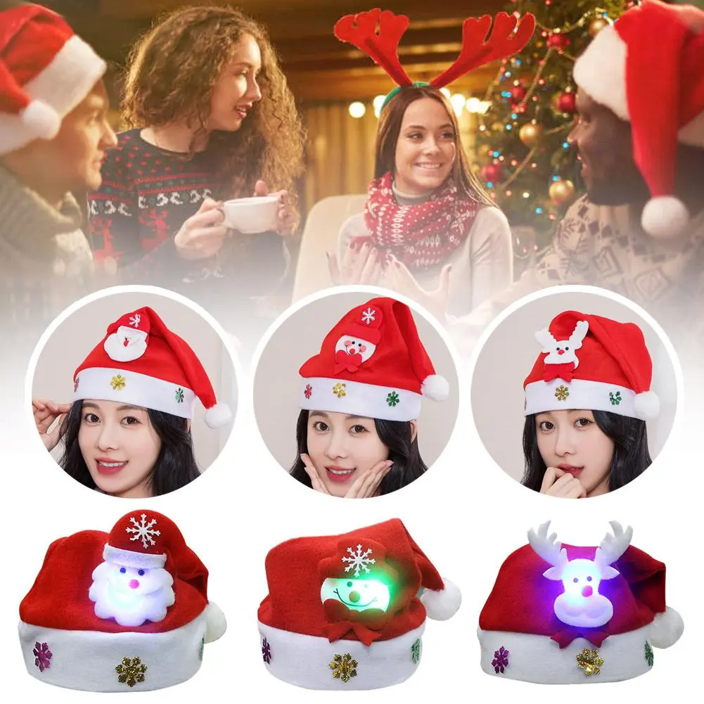 Christmas Luminous Hat Christmas Hat New Year Cute Kids Adults Cap New Year Elk Snowflakes Hats Costume Santa Claus Xmas Winter Decor New Year's Gift