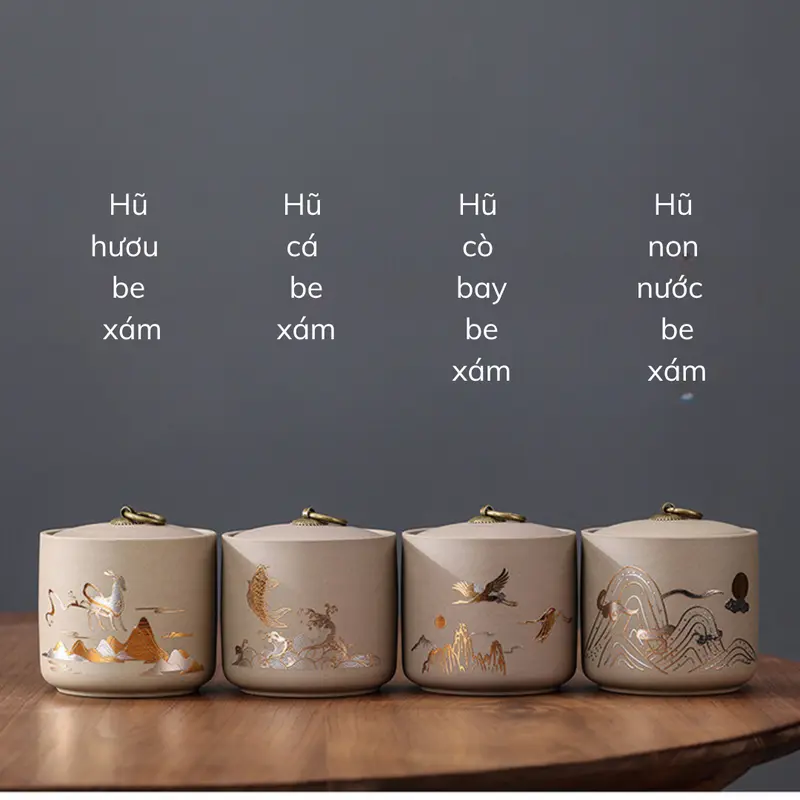 Hộp đựng trà gốm tử sa, hũ đựng trà họa tiết mạ ánh kim cỡ lớn, nắp khít cao cấp Đựng Gia Vị Bình 8