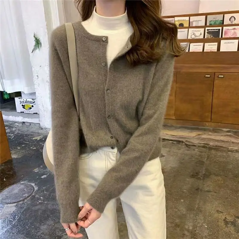 Cashmere Sweater Cardigan Women Single Breasted Long Sleeve Elegant Vintage Jumper Solid Wool Knitted Autumn Winter Outwear
