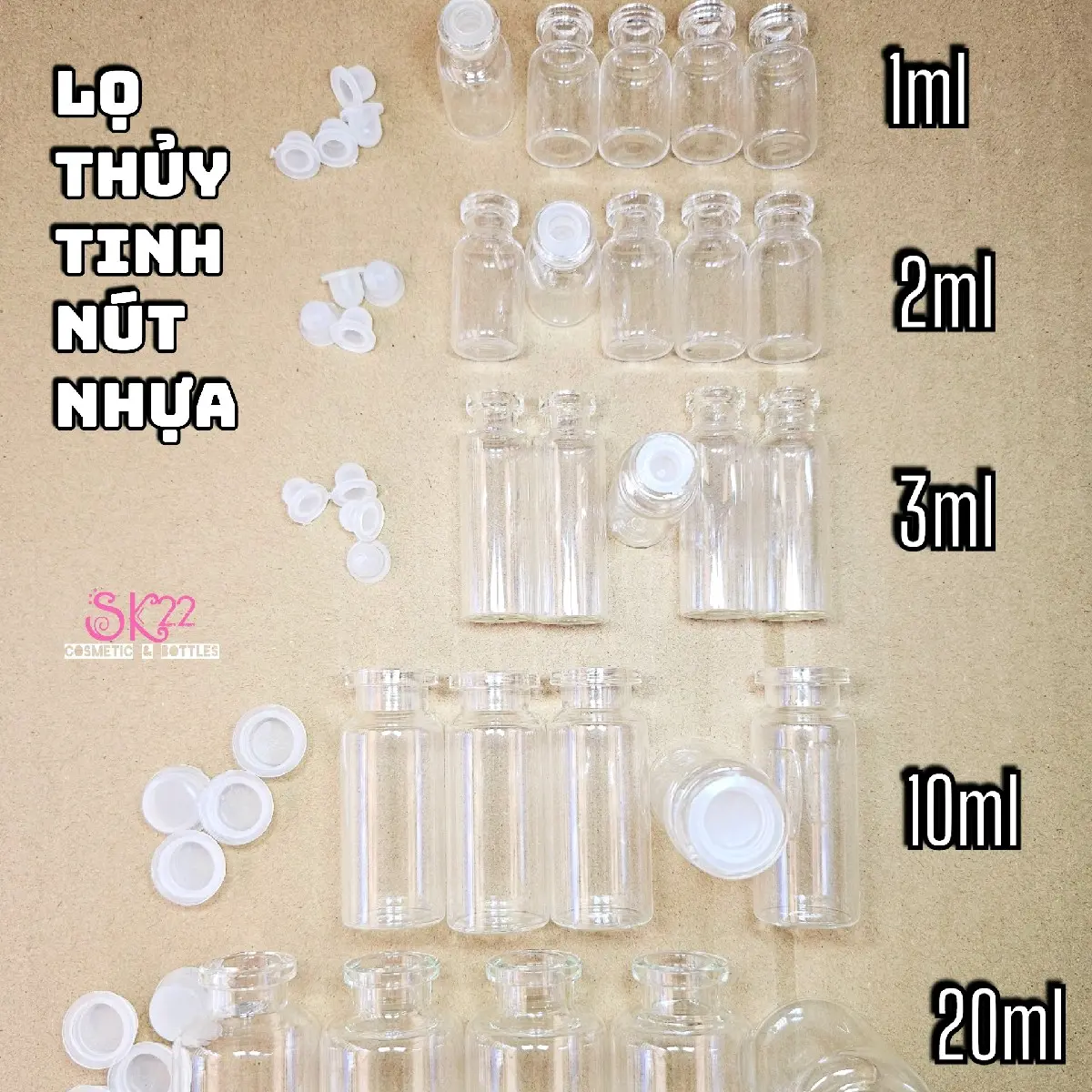 SET (10 LỌ tặng 1)/(50 LỌ tặng 10)LỌ THỦY TINH NÚT NHỰA MINI 1ml 2ml 3ml 10ml 20ml