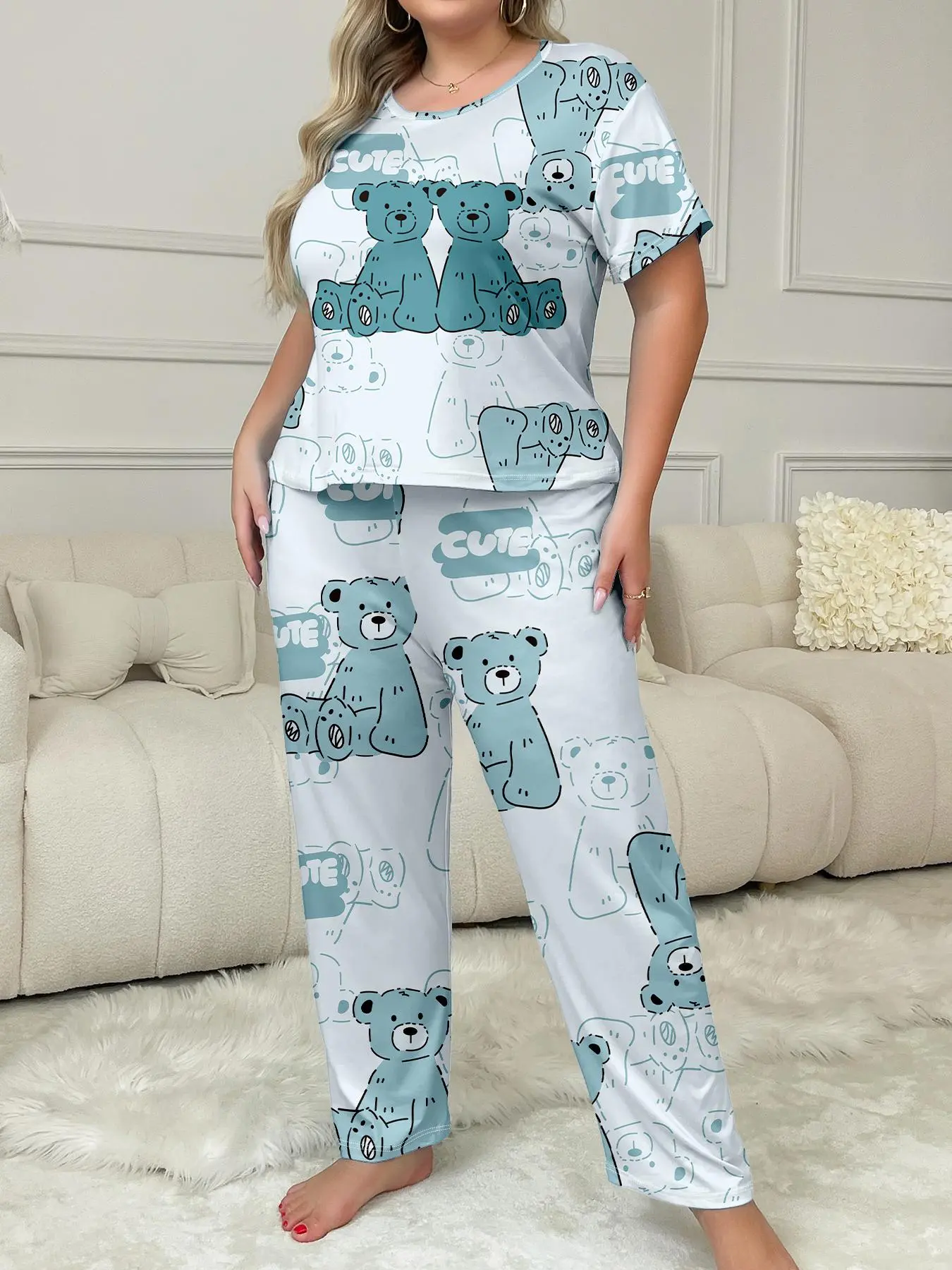 【Plus Size】 Women's Bear Print Short Sleeve Tee & Pants Loungewear Two-piece Set, Casual Comfy Round Neck T-shirt & Trousers Pj Set, Ladies Sleepwear for Summer