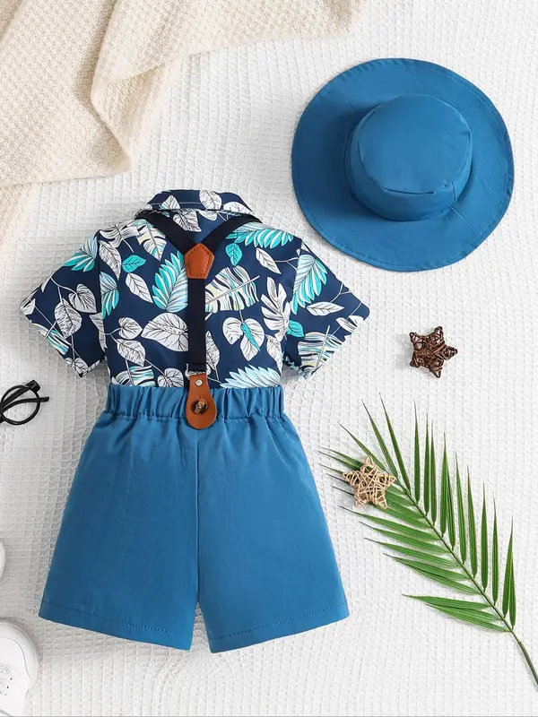 Toddler Boy's Leaf Print Short Sleeve Shirt & Suspender Shorts & Tie & Hat & Sunglasses Set, Summer Clothes for Kids 1