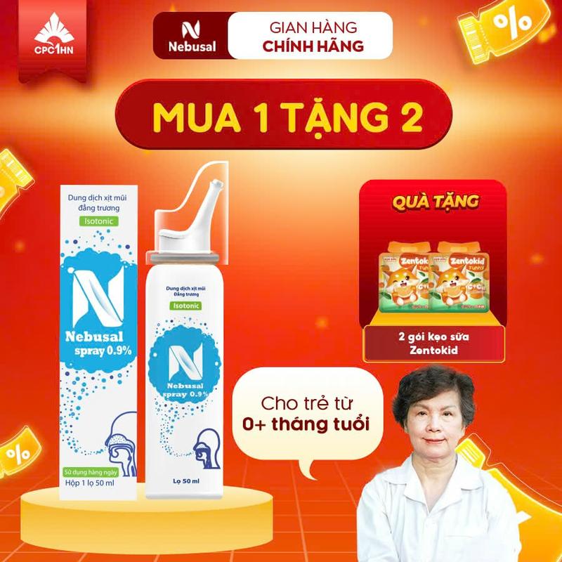 Xịt Mũi Nebusal 0.9% Nước Muối Sinh Lý Vệ Sinh Mũi Hàng Ngày, Phòng Ngừa Nghẹt Mũi, Sổ Mũi Cho Bé Chai 50mL