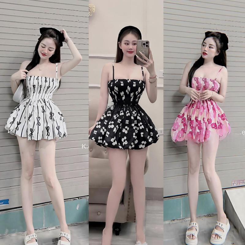 M35 Váy Hoa Babydoll Hai Dây Lụa Mango Có Lót Quần Đầm Bí Thời Trang Nữ