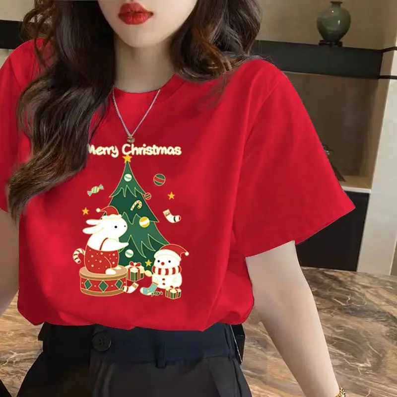 Áo Phông Giáng Sinh, Áo Sơ Mi Ngắn Tay Màu Đỏ, Dành Cho Phụ Nữ Và Nam Giới, Với Thiết Kế Ông Già Noel Và Nai Sừng Tấm, Hàng Mới Về Năm 2025, Cùng Phong Cách Cho Cả Nam Và Nữ