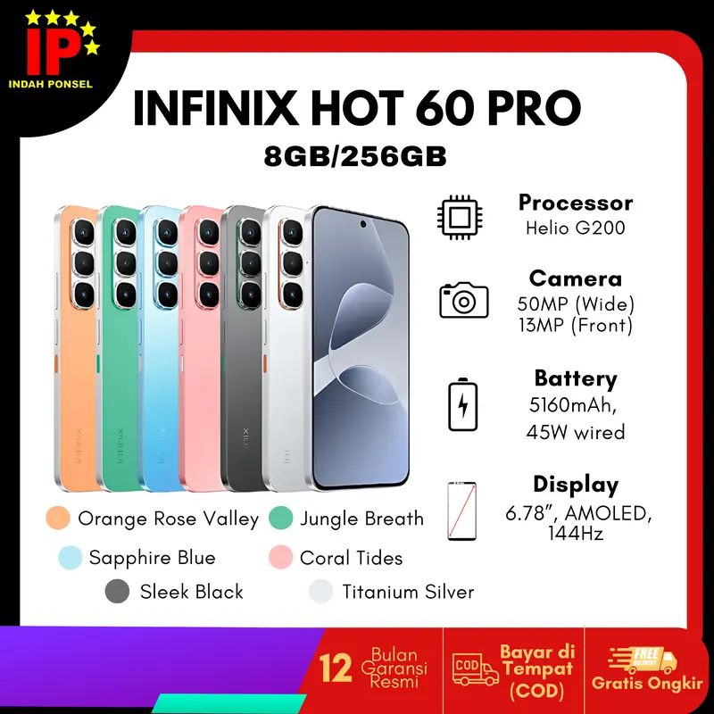 INFINIX HOT 60 Pro 8GB/256GB - Helio G200 - 1.5K 144Hz Visual Bezel-Free AMOLED - Garansi Resmi