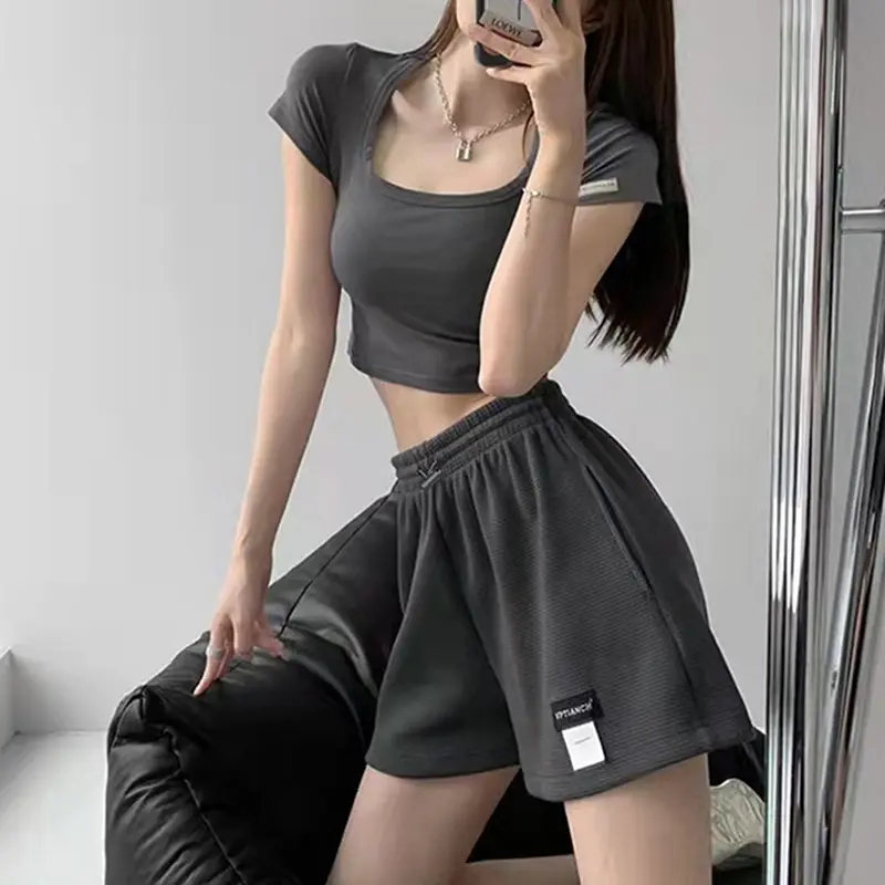 Casual Summer Women Shorts Knitted Waffle High Waisted Wide Leg Harajuku Biker Shorts Pants Pantalones Cortos De Mujer
