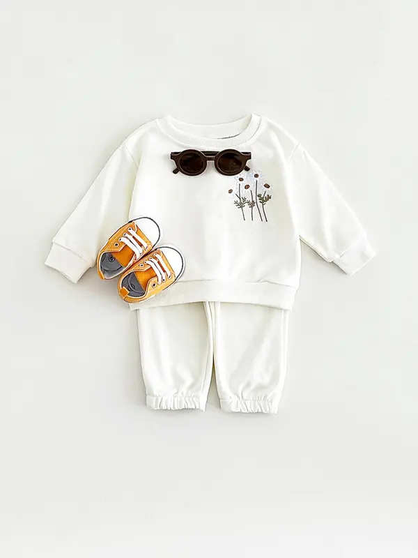 Baby's Solid Flower Embroidery Long Sleeve Sweatshirt & Elastic Waist Pants Two-piece Set, Casual Spring & Fall Outfits for Infant, Newborn Baby Clothes Gifts 3