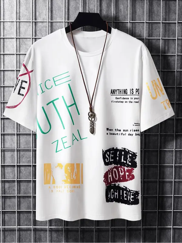 Men's Summer Letter Print Round Neck Tee, Short Sleeve T-Shirt, Casual Street Top for Men, Men Clothing for Summer Daily Wear, Summer Clothes 3