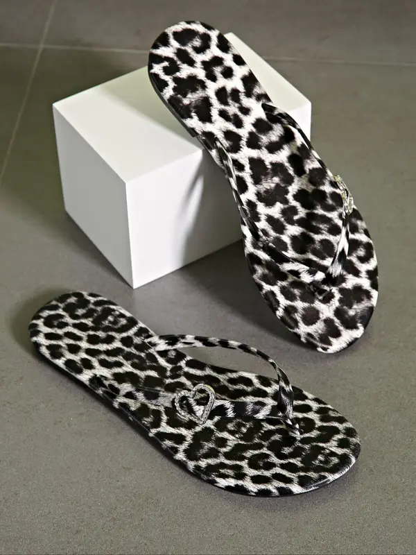 Women's Fashionable Leopard Print Heart Design Toe Thong Slides, Casual Comfortable Flat Slippers for Beach Vacation, Lightweight Breathable Slippers for Daily Wear, Walking Shoes 3