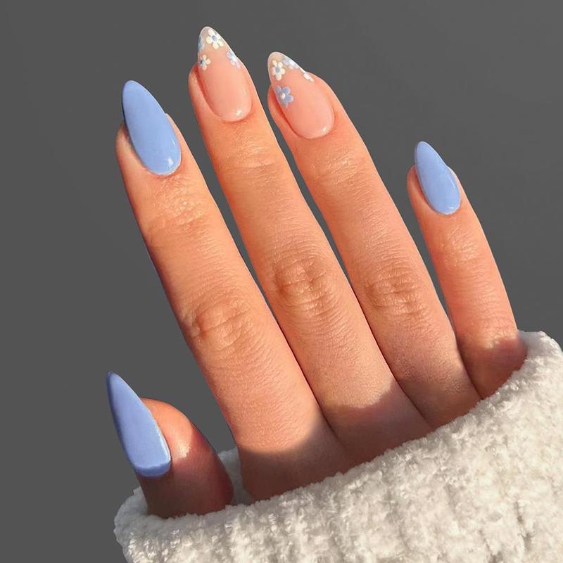 Product Introduction of Blue & Pink Floral Fake Nails with Tools, 24pcs/set French Style Press on Stick on Nails with Stickers & Nail File for Women Nail Art 12