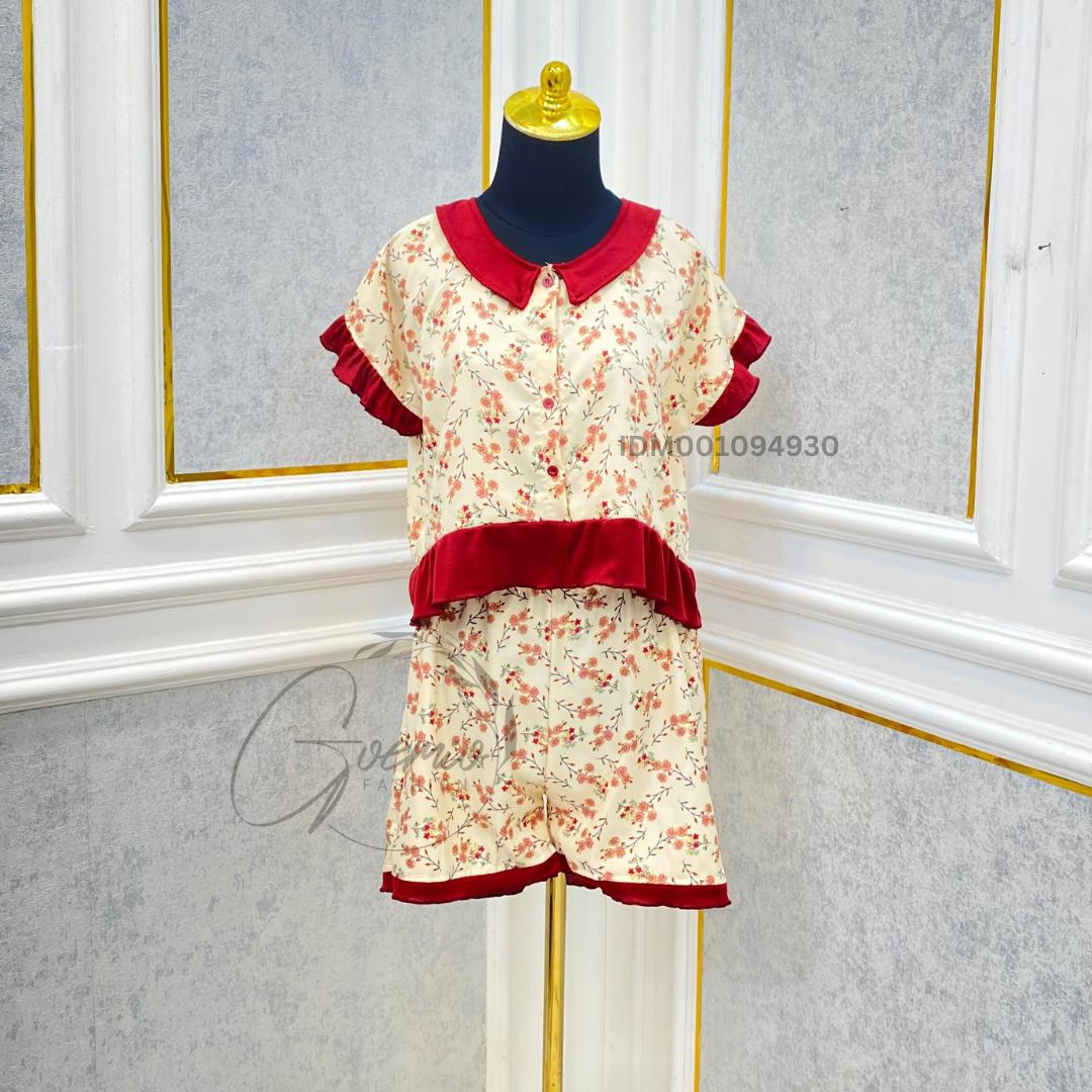 AF| Set Hayfa Setelan Lengan Pendak Bahan Matsilk Combi Rajut Knit Motif Floral Celana Pendek Wanita Casual Santai