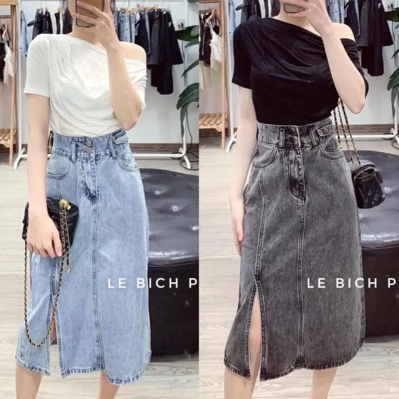Chân váy bò denim xẻ trái nắp túi 2 màu xám và xanh