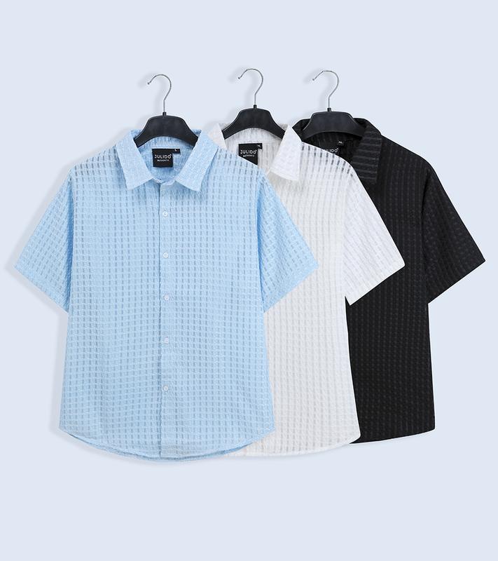 Áo sơ mi ngắn tay ba màu, vải lưới mặc đi biển, đi du lịch mùa hè Kẻ sọc ba màu Menswear Nam