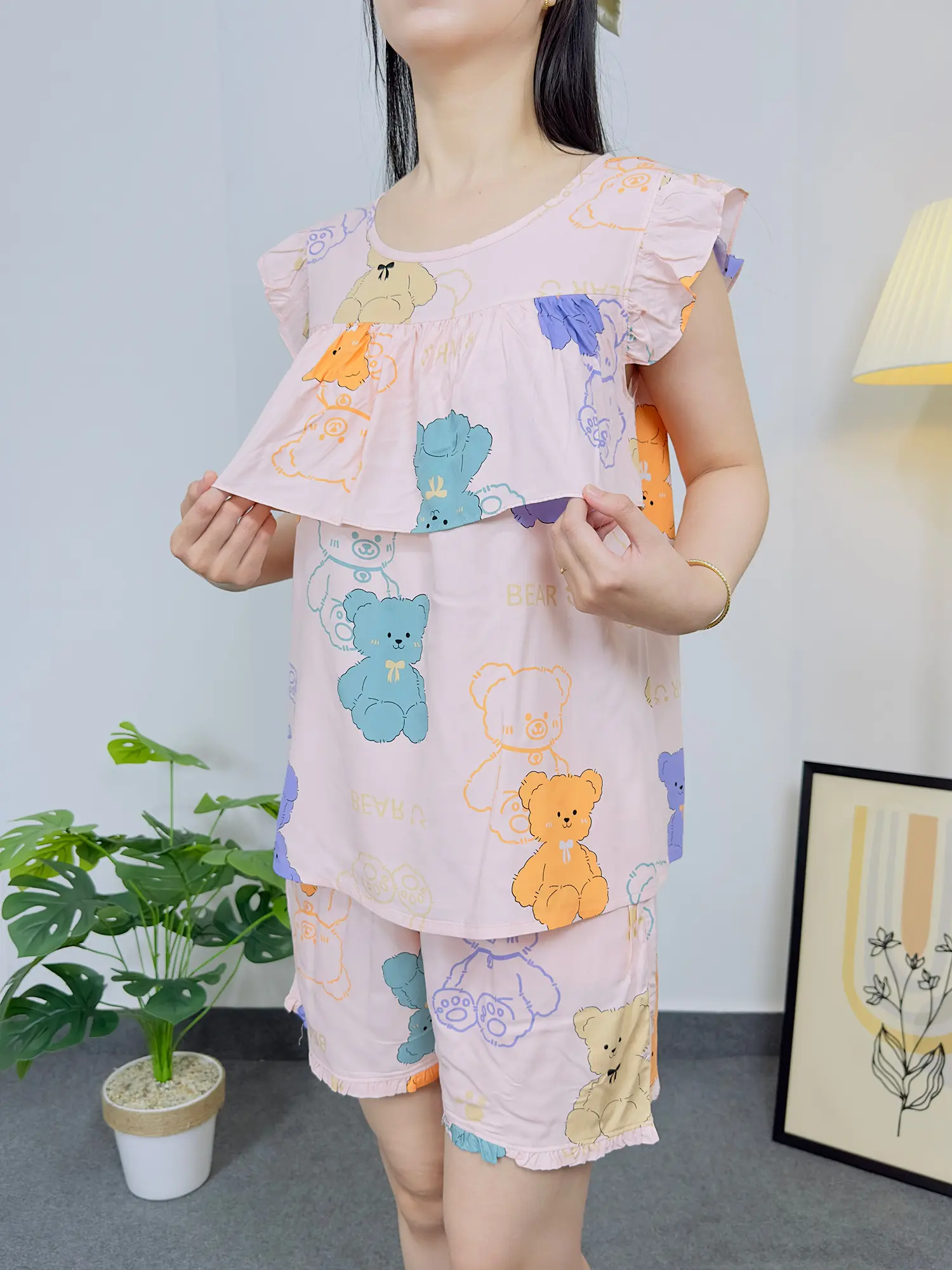 Đồ Bộ Lanh Nữ Bộ Tole Mặc Nhà Quần Đùi Áo Cánh Tiên Bèo Ngực, Họa Tiết Dễ Thương, Chất Tole Lanh 2 Da, Mềm Mịn Mát B04 dobo tay