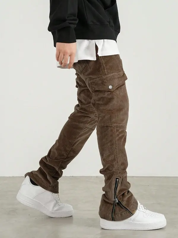 Men's Plain Flap Pocket Drawstring Waist Corduroy Cargo Pants, Regular Fit Street Fashion Zipper Split Trousers For Daily Wear, Men's Bottoms For Fall & Winter 7